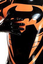 black, trim color is orange Male Anti Hero Latex Catsuit