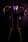 Black, trim color is Orange Male 'Legacy' Face-Entry Latex Catsuit