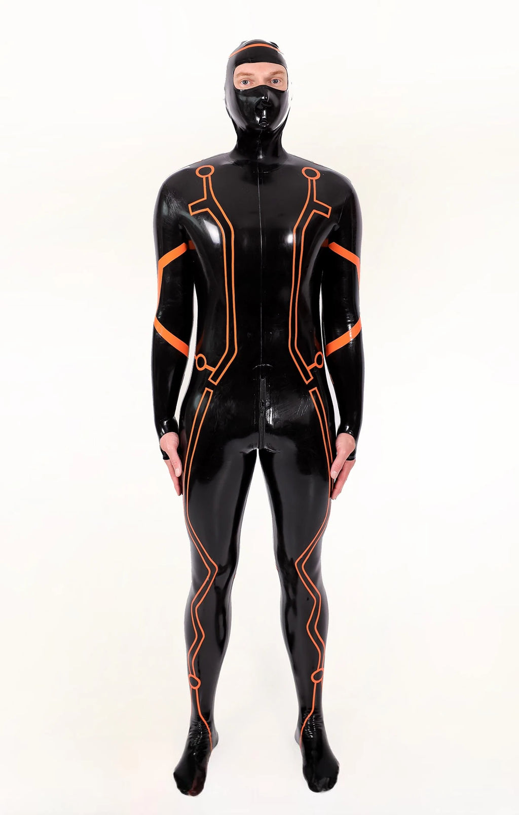 Black, trim color is Orange Male 'Legacy' Face-Entry Latex Catsuit