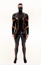 Black, trim color is Orange Male 'Legacy' Face-Entry Latex Catsuit