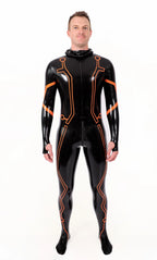 Black, trim color is Orange Male 'Legacy' Face-Entry Latex Catsuit