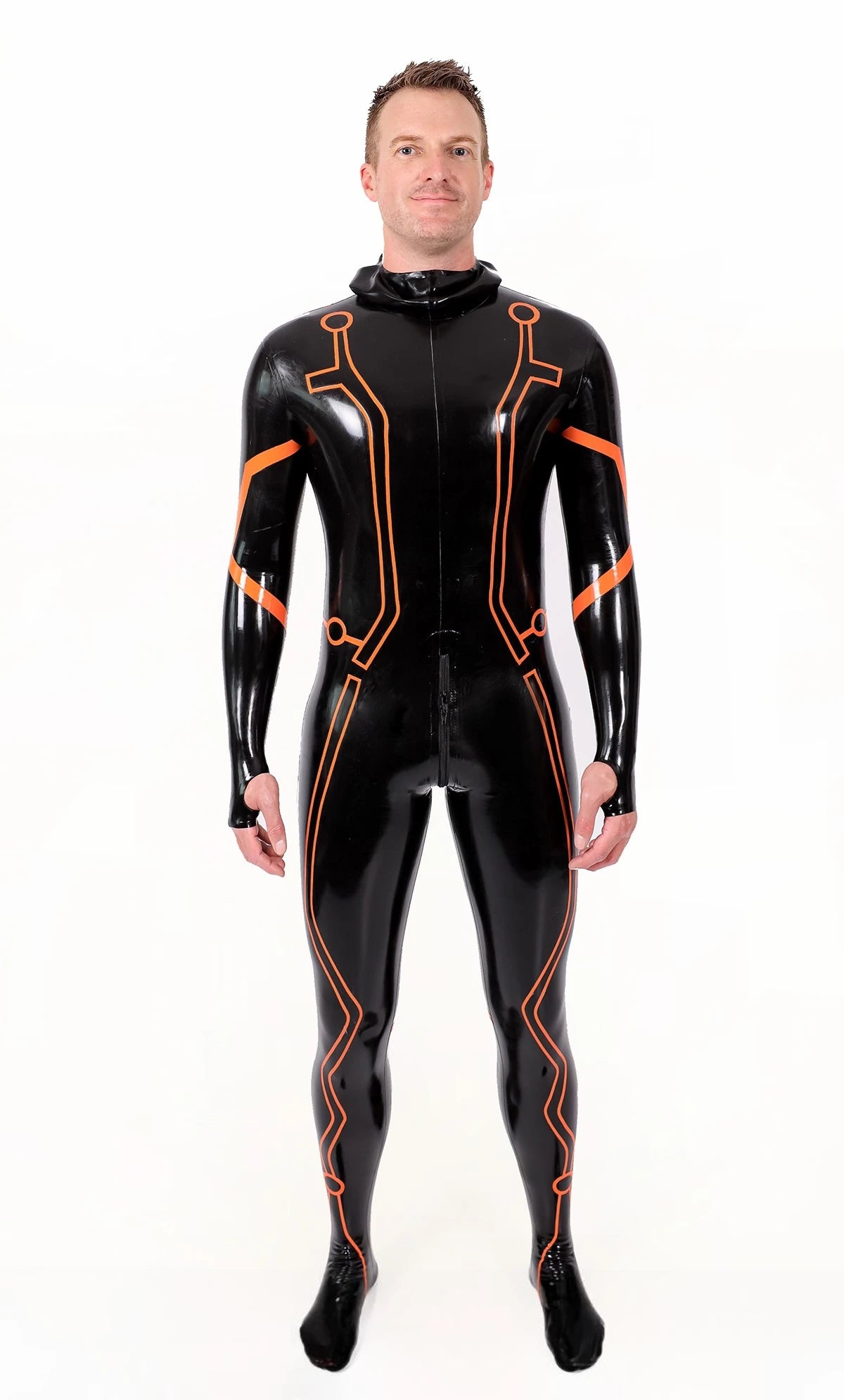 Black, trim color is Orange Male 'Legacy' Face-Entry Latex Catsuit