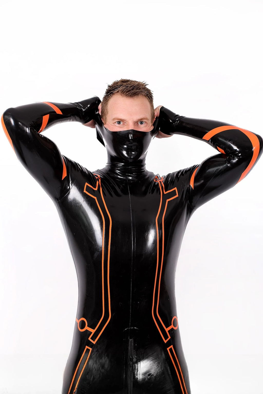 Black, trim color is Orange Male 'Legacy' Face-Entry Latex Catsuit