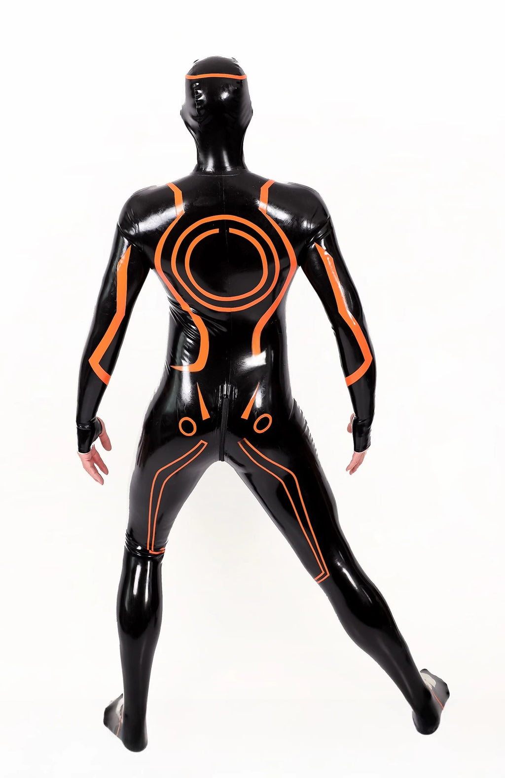 Black, trim color is Orange Male 'Legacy' Face-Entry Latex Catsuit