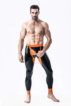 Black, trim color is orange Male 'Penny Pocket' Latex Leggings