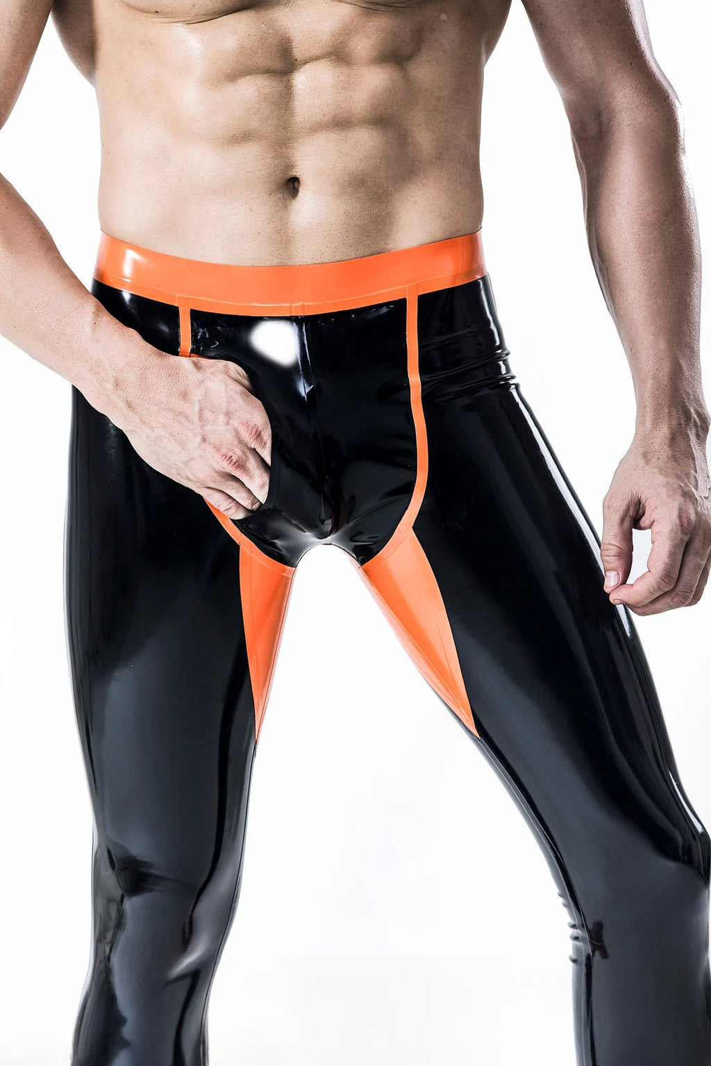 Black, trim color is orange Male 'Penny Pocket' Latex Leggings