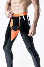 Black, trim color is orange Male 'Penny Pocket' Latex Leggings
