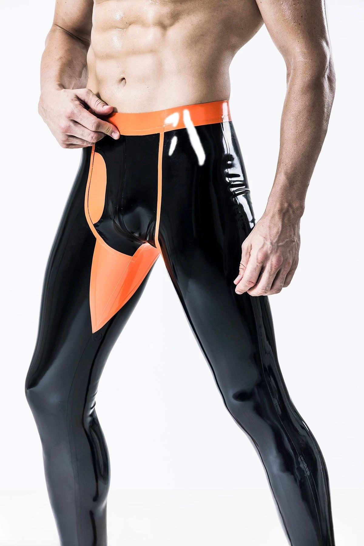 Black, trim color is orange Male 'Penny Pocket' Latex Leggings