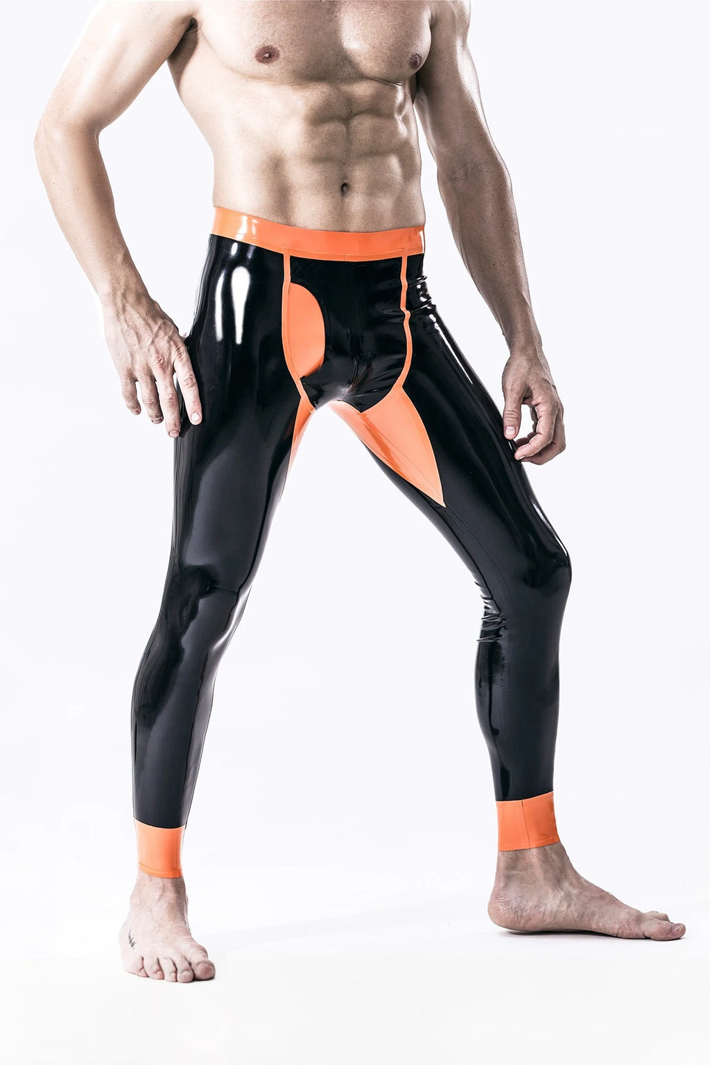 Black, trim color is orange Male 'Penny Pocket' Latex Leggings