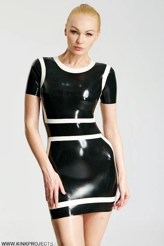 Black, trim color is Pure White 'Alice' Micro Latex Party Dress