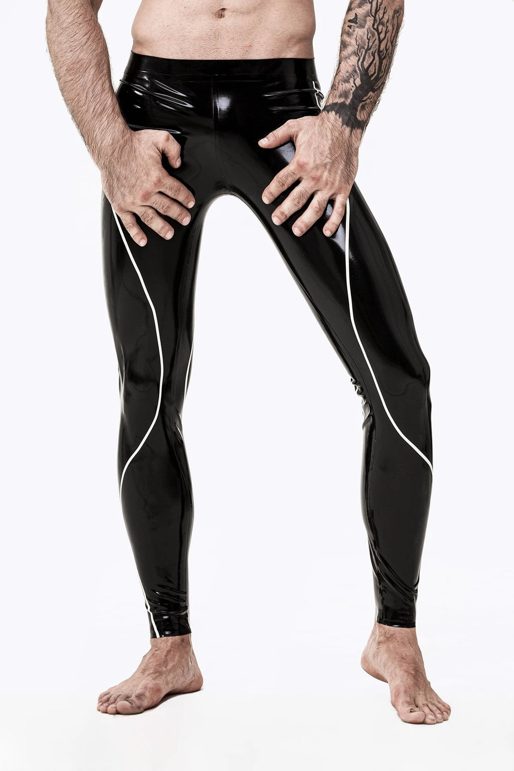 Black Male Curved Stripe Latex Leggings