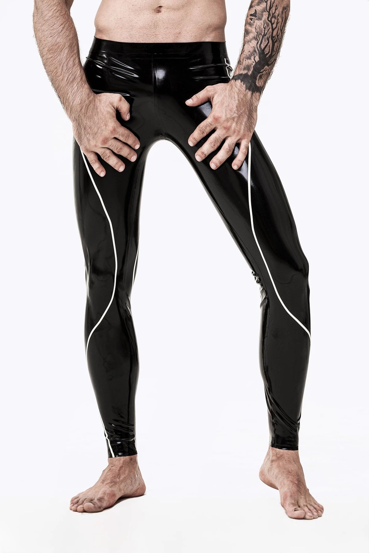Black Male Curved Stripe Latex Leggings