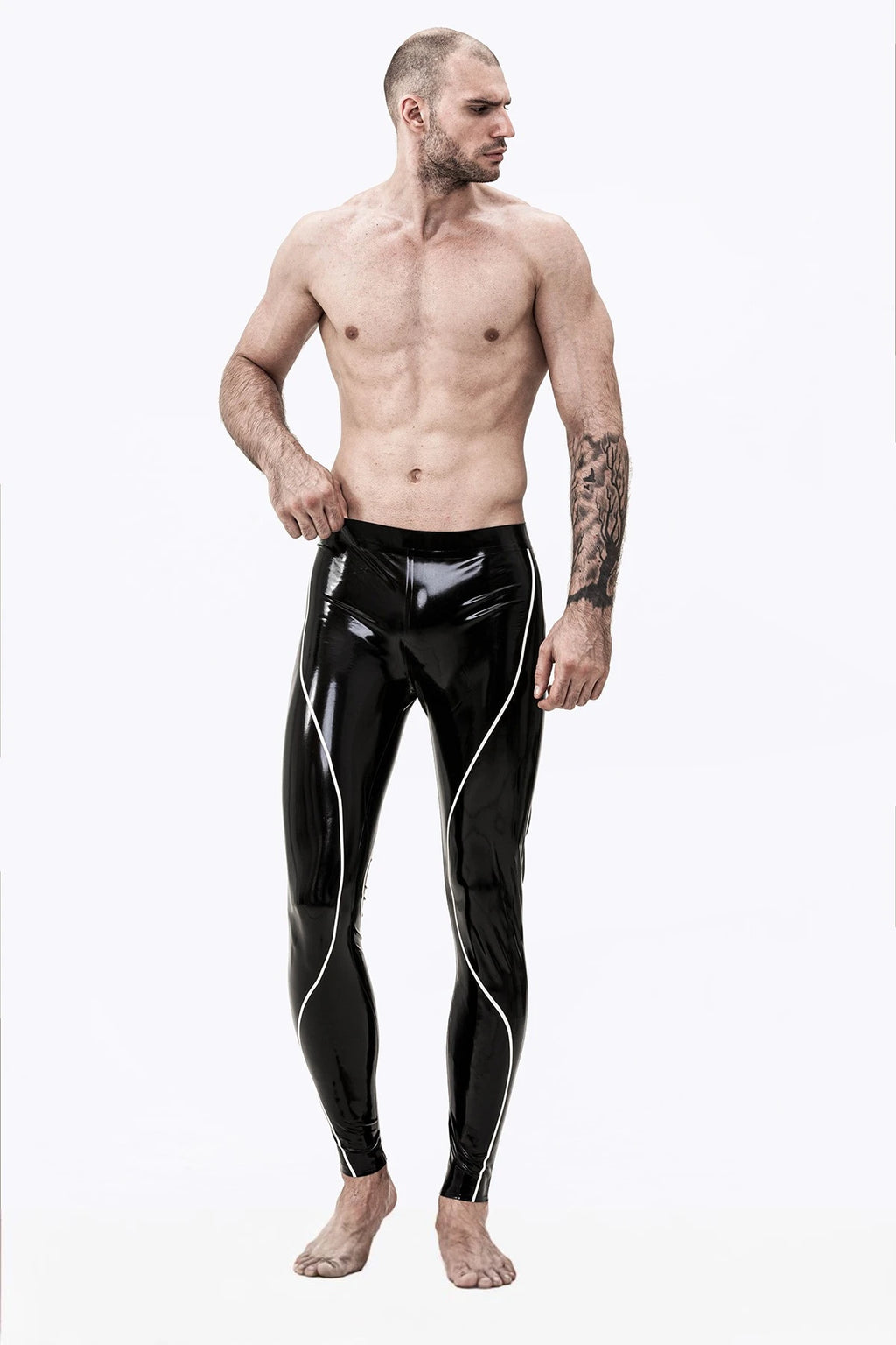 Black Male Curved Stripe Latex Leggings