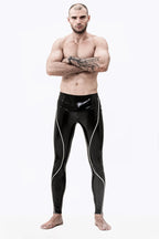 Black Male Curved Stripe Latex Leggings