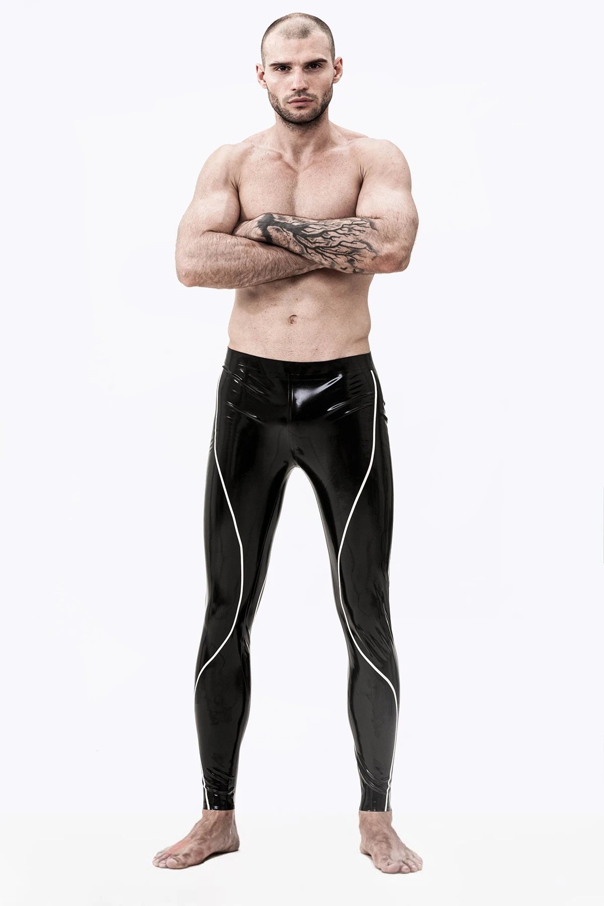 Black Male Curved Stripe Latex Leggings
