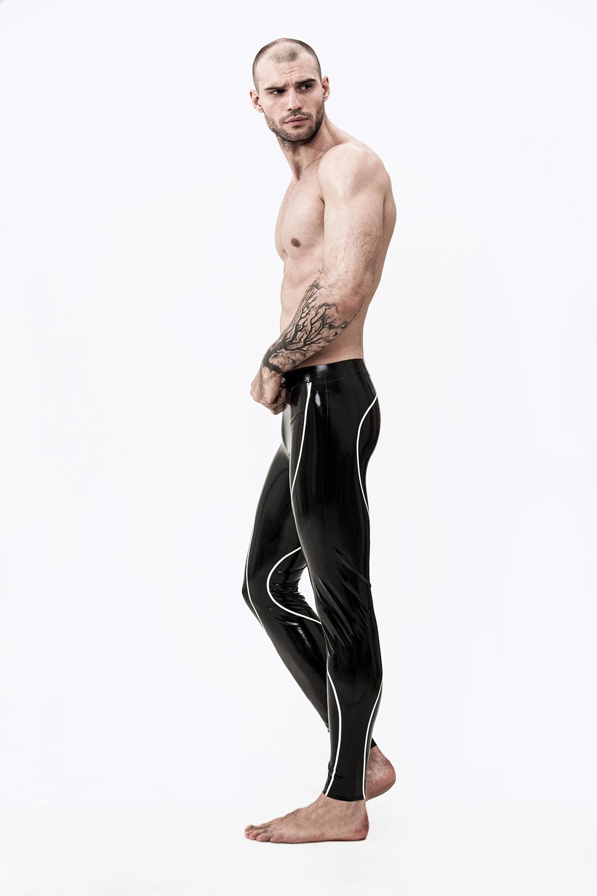 Black Male Curved Stripe Latex Leggings