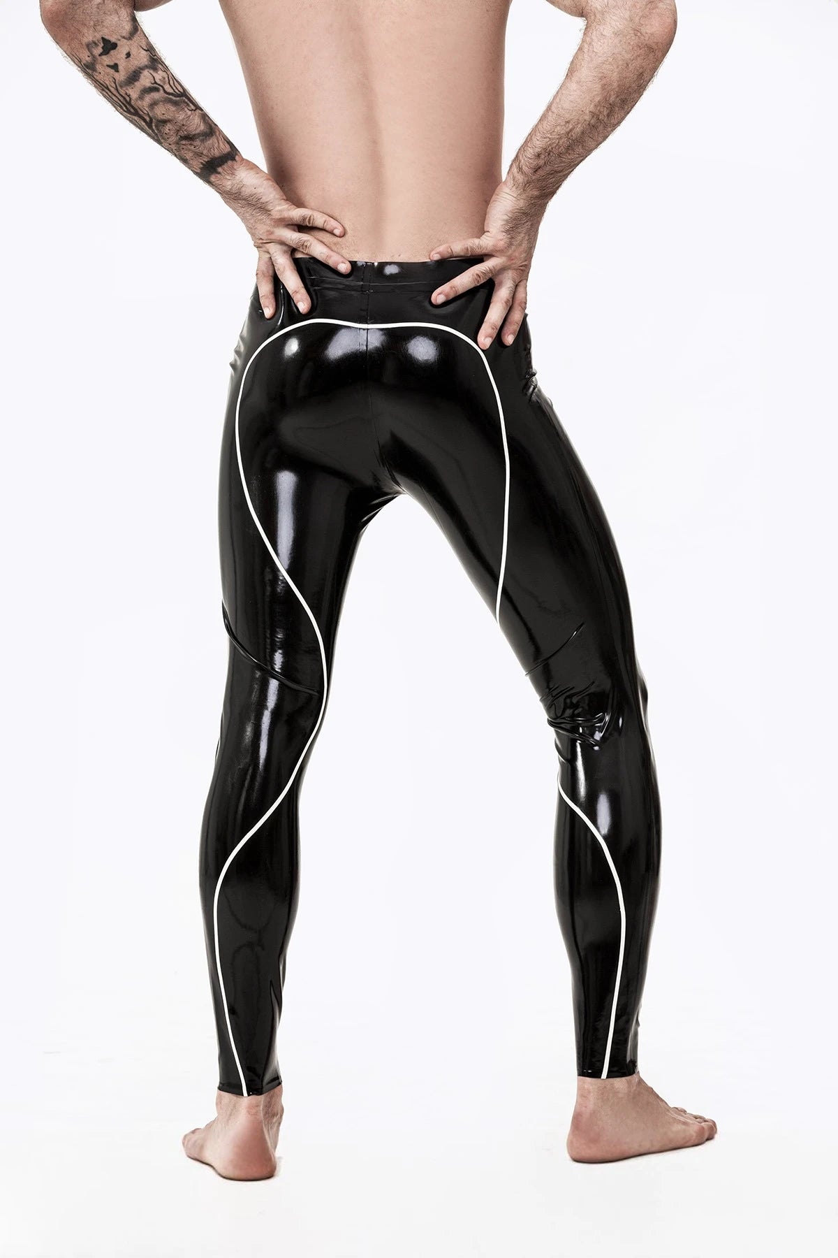 Black Male Curved Stripe Latex Leggings