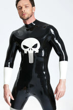 Black, trim color is Pure White Male 'Demoniser' Latex Catsuit