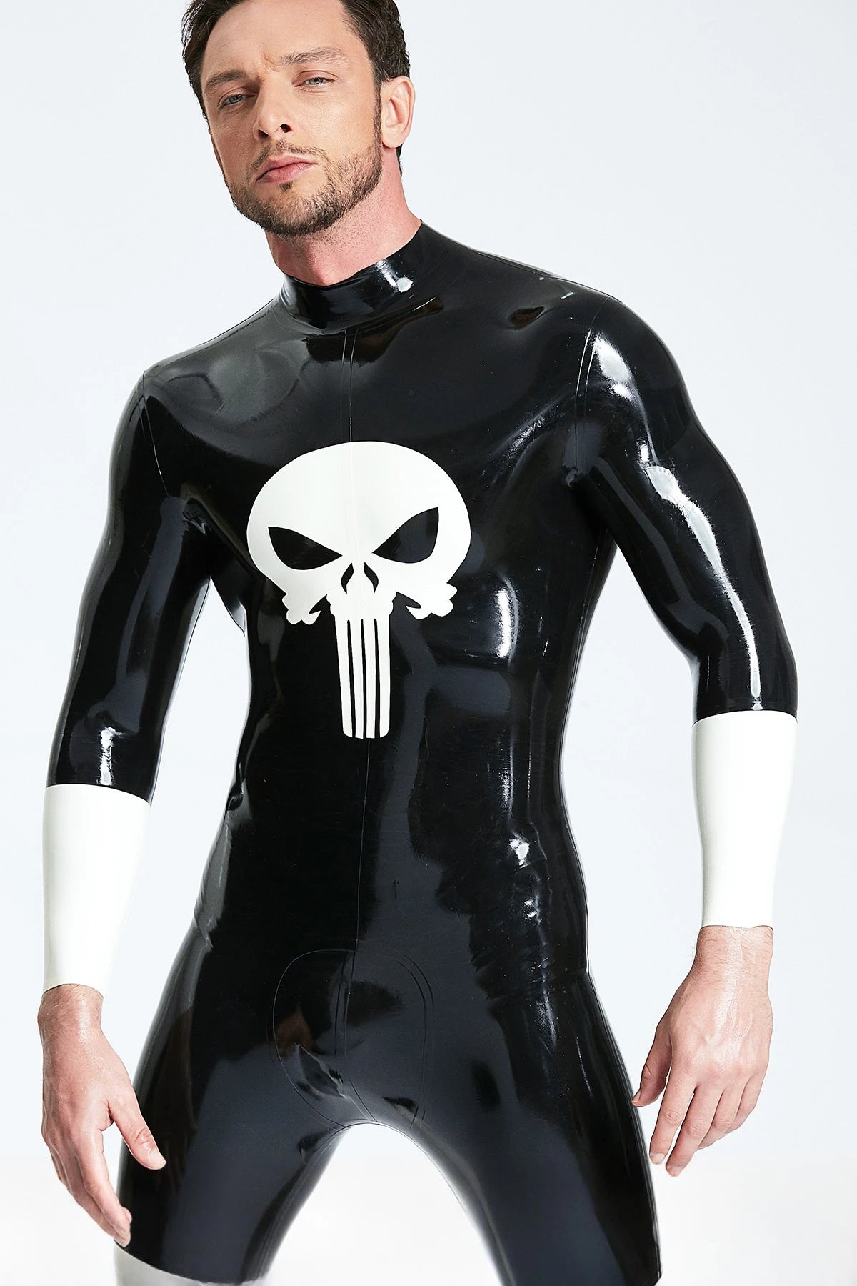 Black, trim color is Pure White Male 'Demoniser' Latex Catsuit