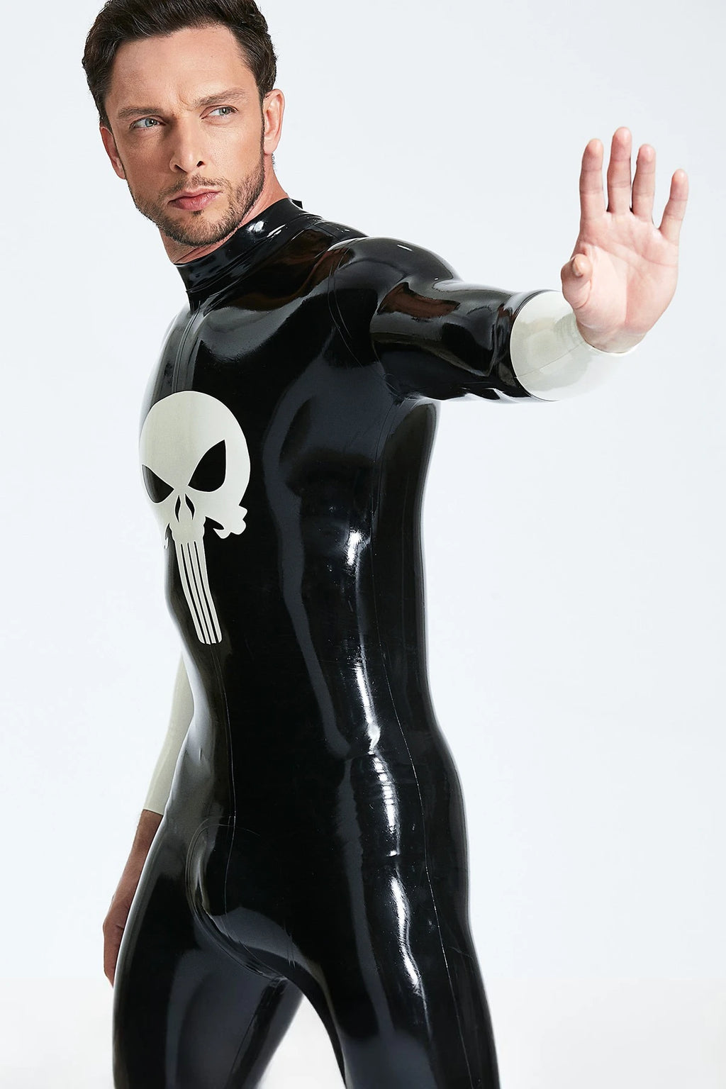 Black, trim color is Pure White Male 'Demoniser' Latex Catsuit