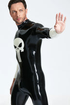 Black, trim color is Pure White Male 'Demoniser' Latex Catsuit