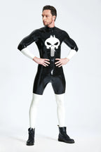 Black, trim color is Pure White Male 'Demoniser' Latex Catsuit
