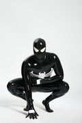 Black, trim color is Pure White Male 'Spermaphora' Latex Catsuit
