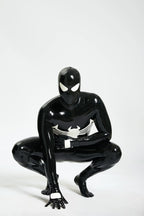 Black, trim color is Pure White Male 'Spermaphora' Latex Catsuit
