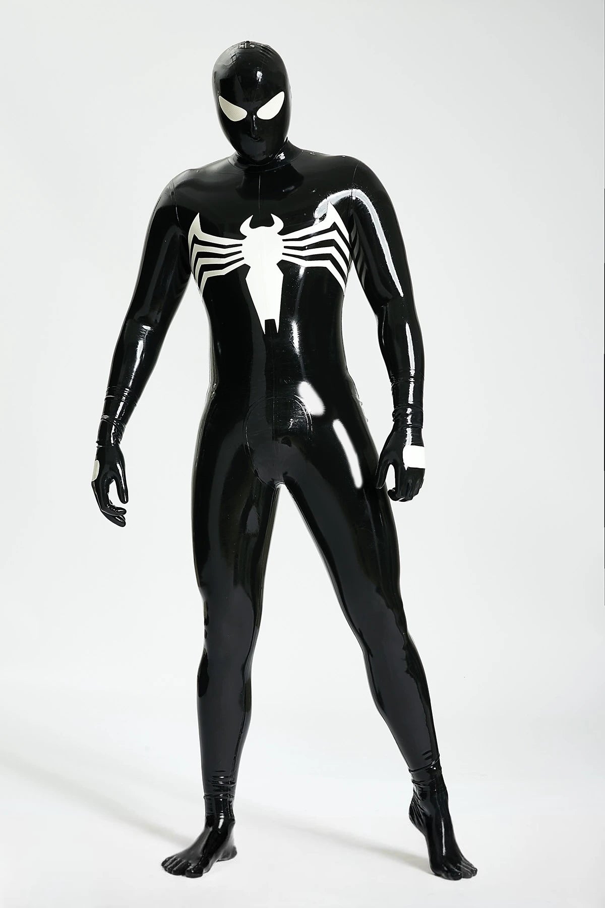 Black, trim color is Pure White Male 'Spermaphora' Latex Catsuit