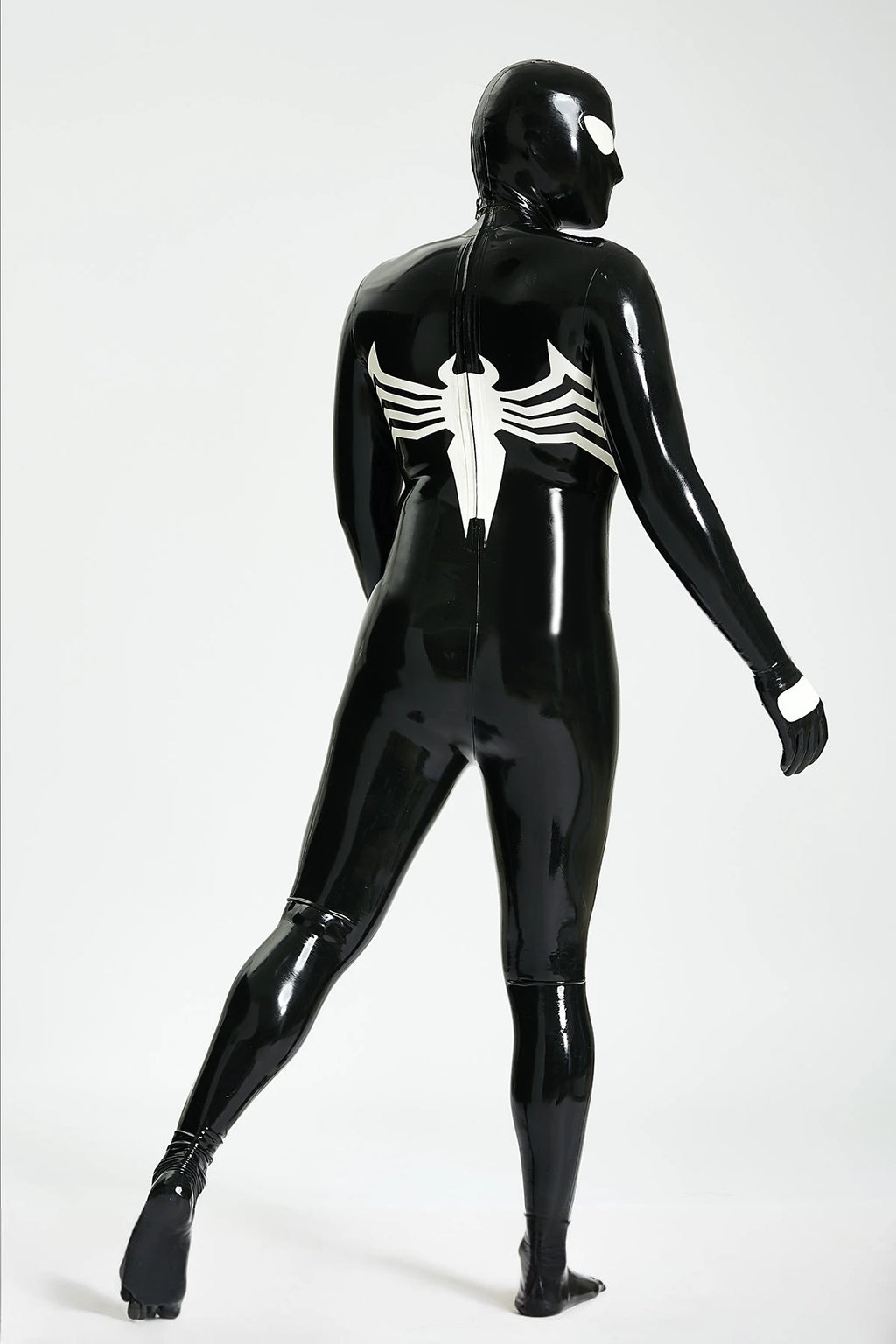 Black, trim color is Pure White Male 'Spermaphora' Latex Catsuit