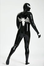 Black, trim color is Pure White Male 'Spermaphora' Latex Catsuit