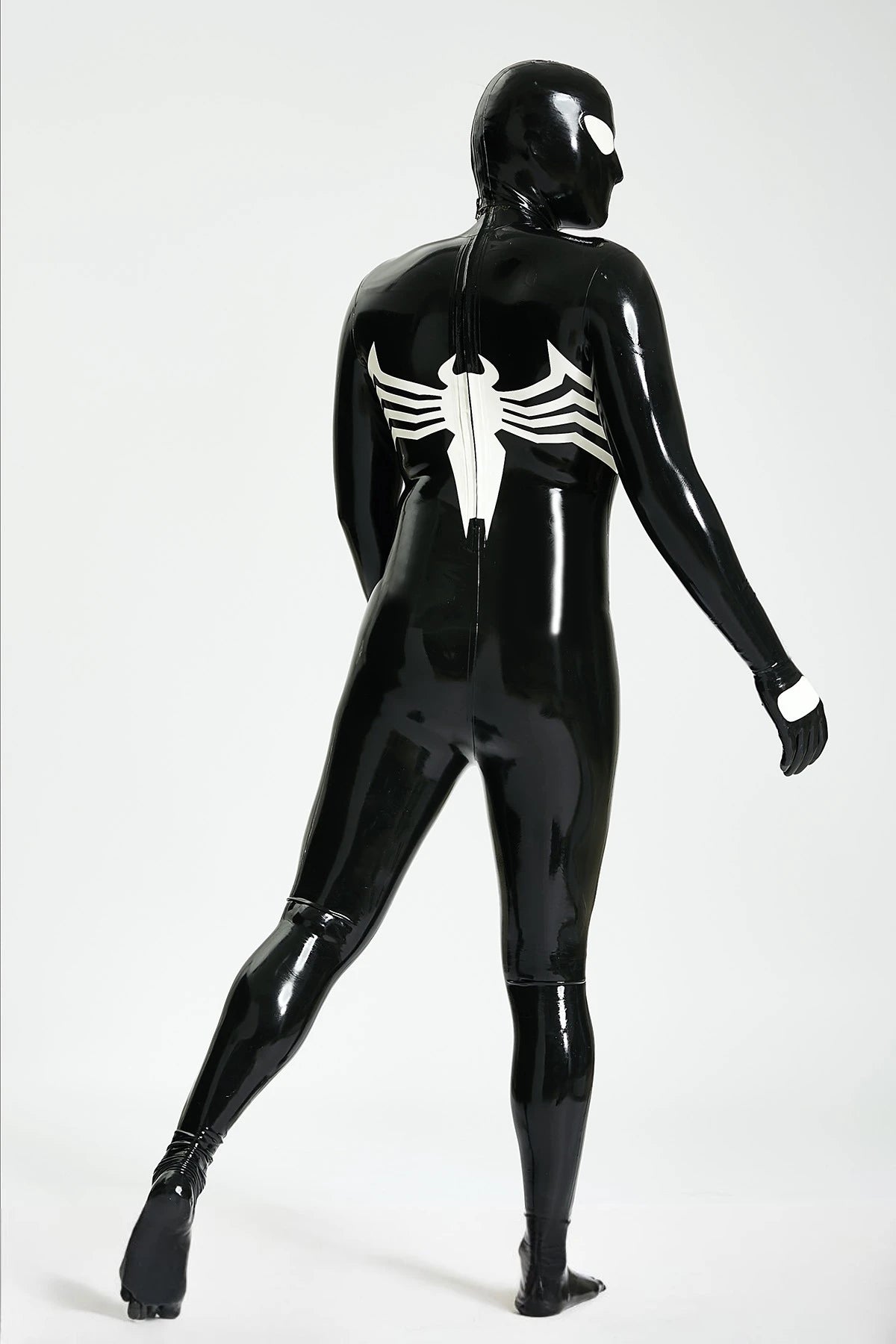 Black, trim color is Pure White Male 'Spermaphora' Latex Catsuit