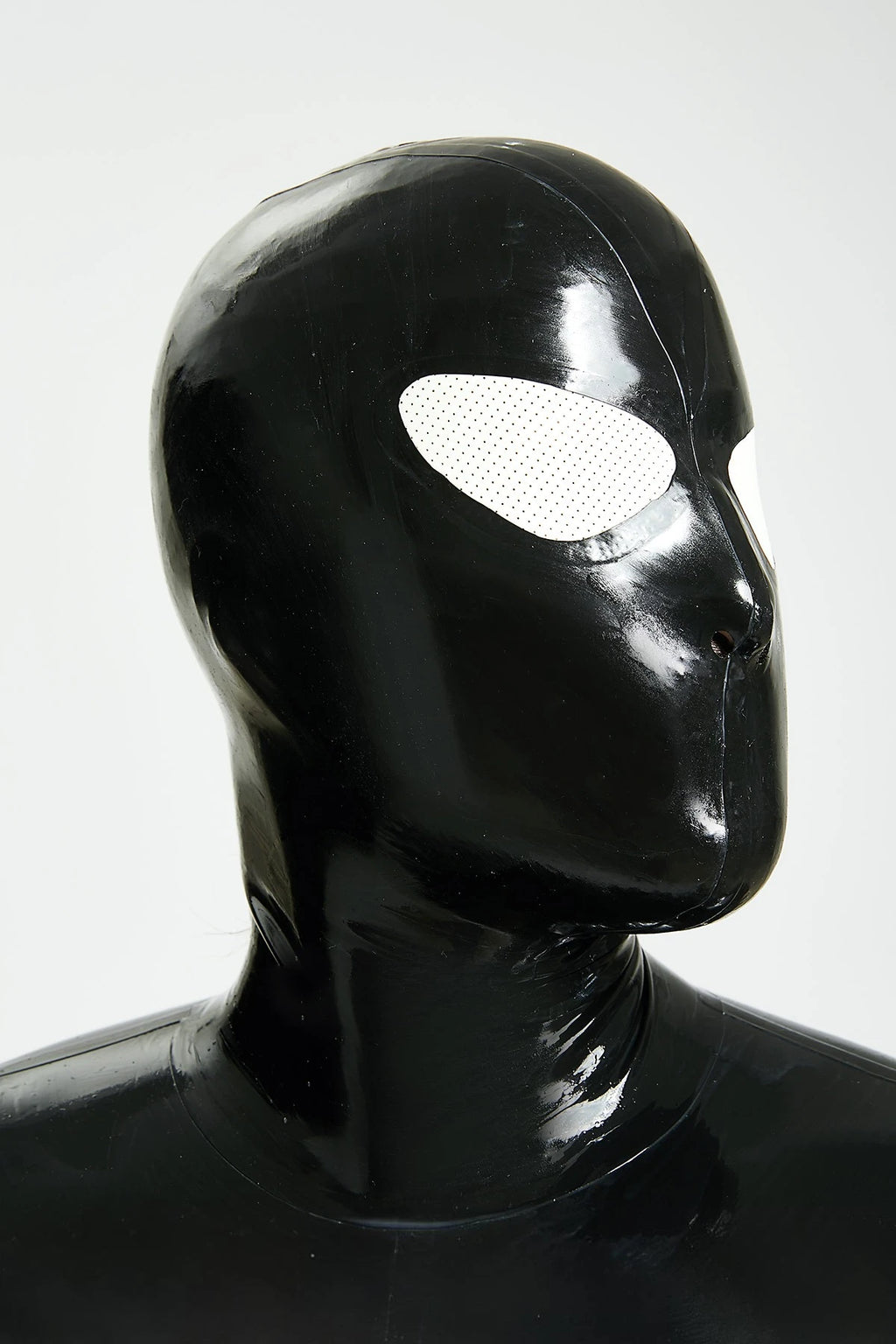 Black, trim color is Pure White Male 'Spermaphora' Latex Catsuit