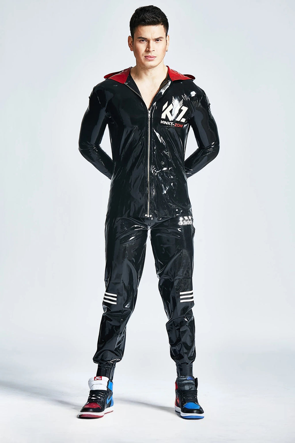 Black, trim color is Pure White Male Latex Tracksuit Pants