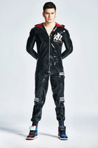 Black, trim color is Pure White Male Latex Tracksuit Pants