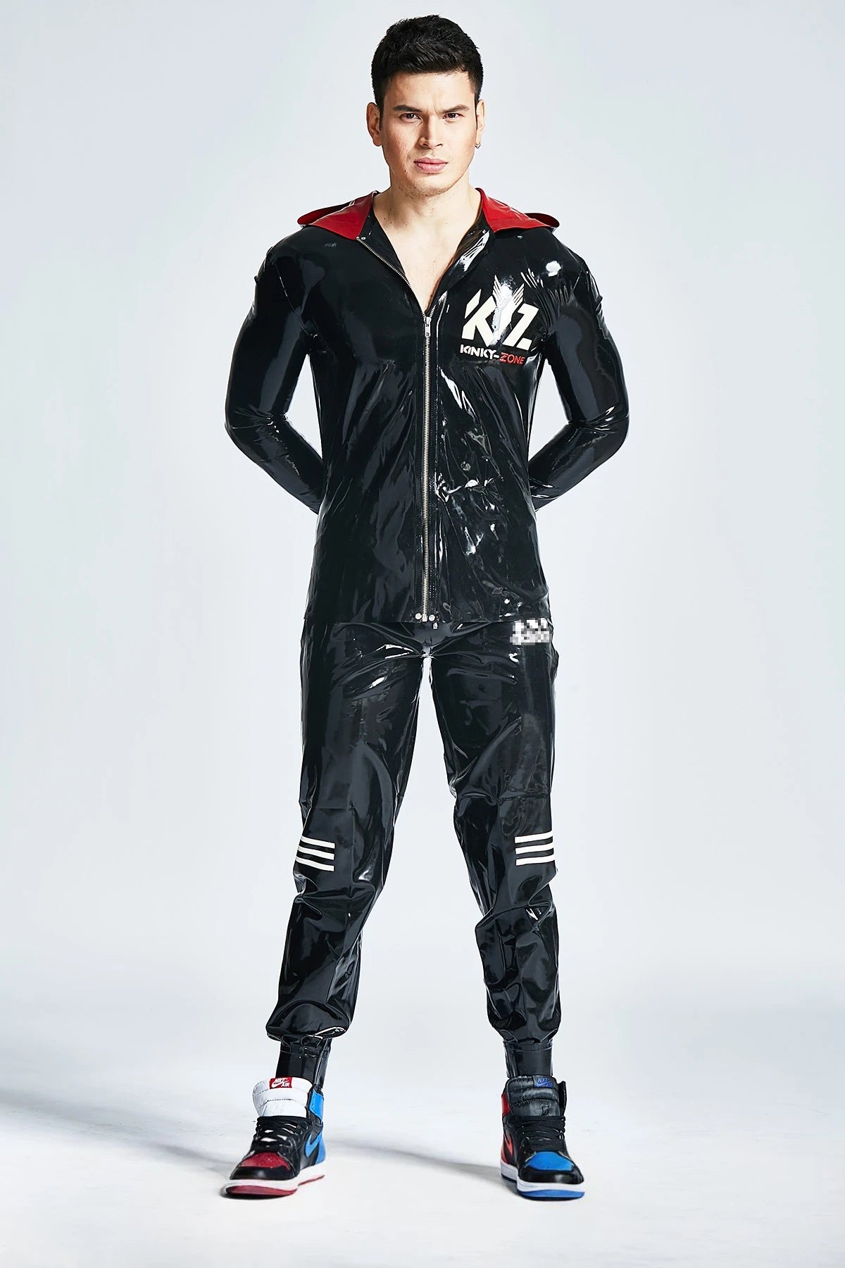 Black, trim color is Pure White Male Latex Tracksuit Pants