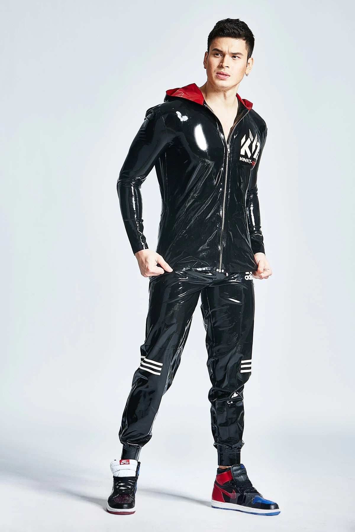 Black, trim color is Pure White Male Latex Tracksuit Pants