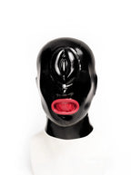 Black, trim color is Red (for mouth condom) Micro-Perforated Pussy Latex Hood