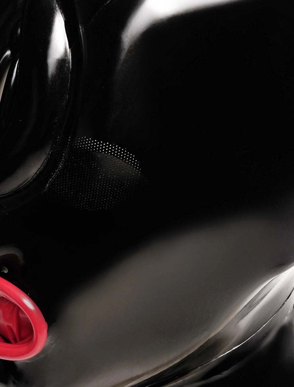 Black, trim color is Red (for mouth condom) Micro-Perforated Pussy Latex Hood