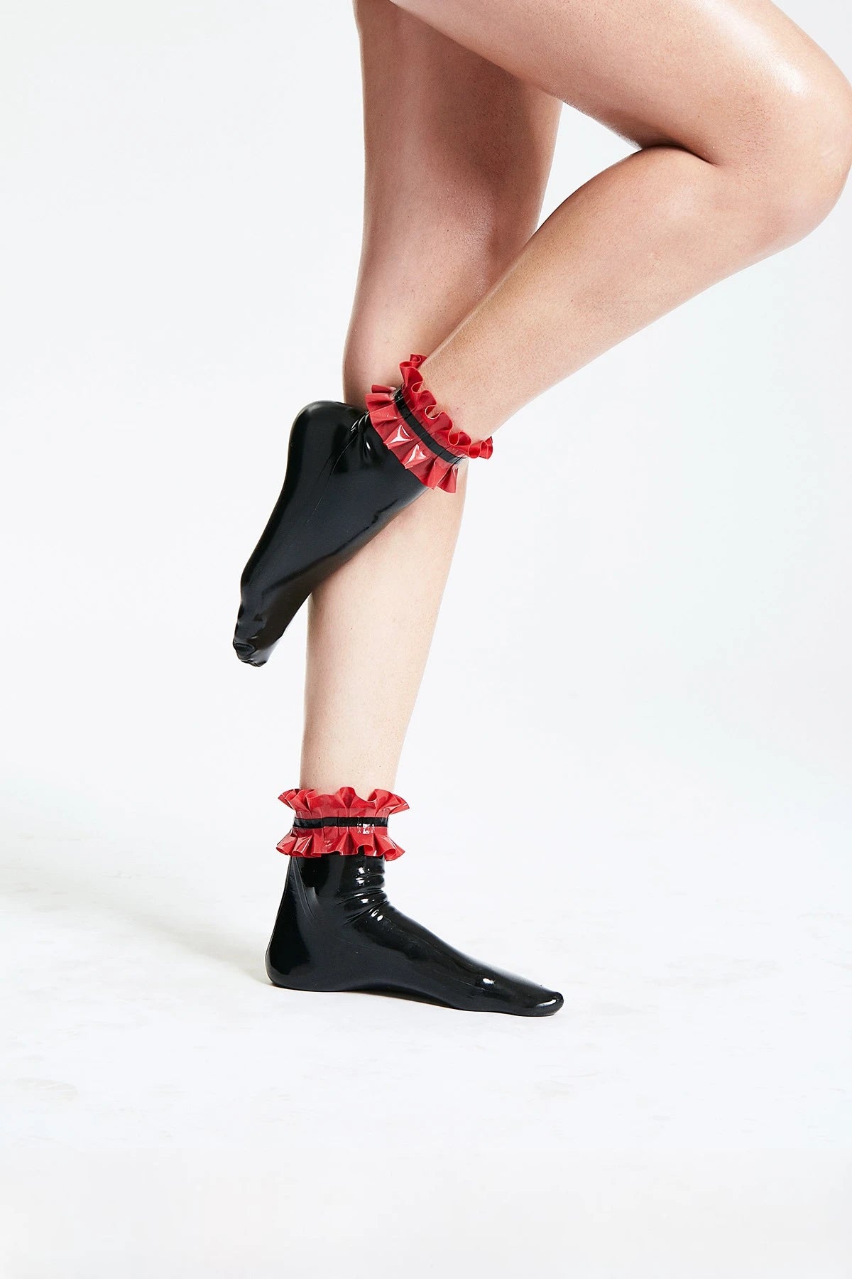 Black, trim color is Red Latex Frilled Ankle Socks