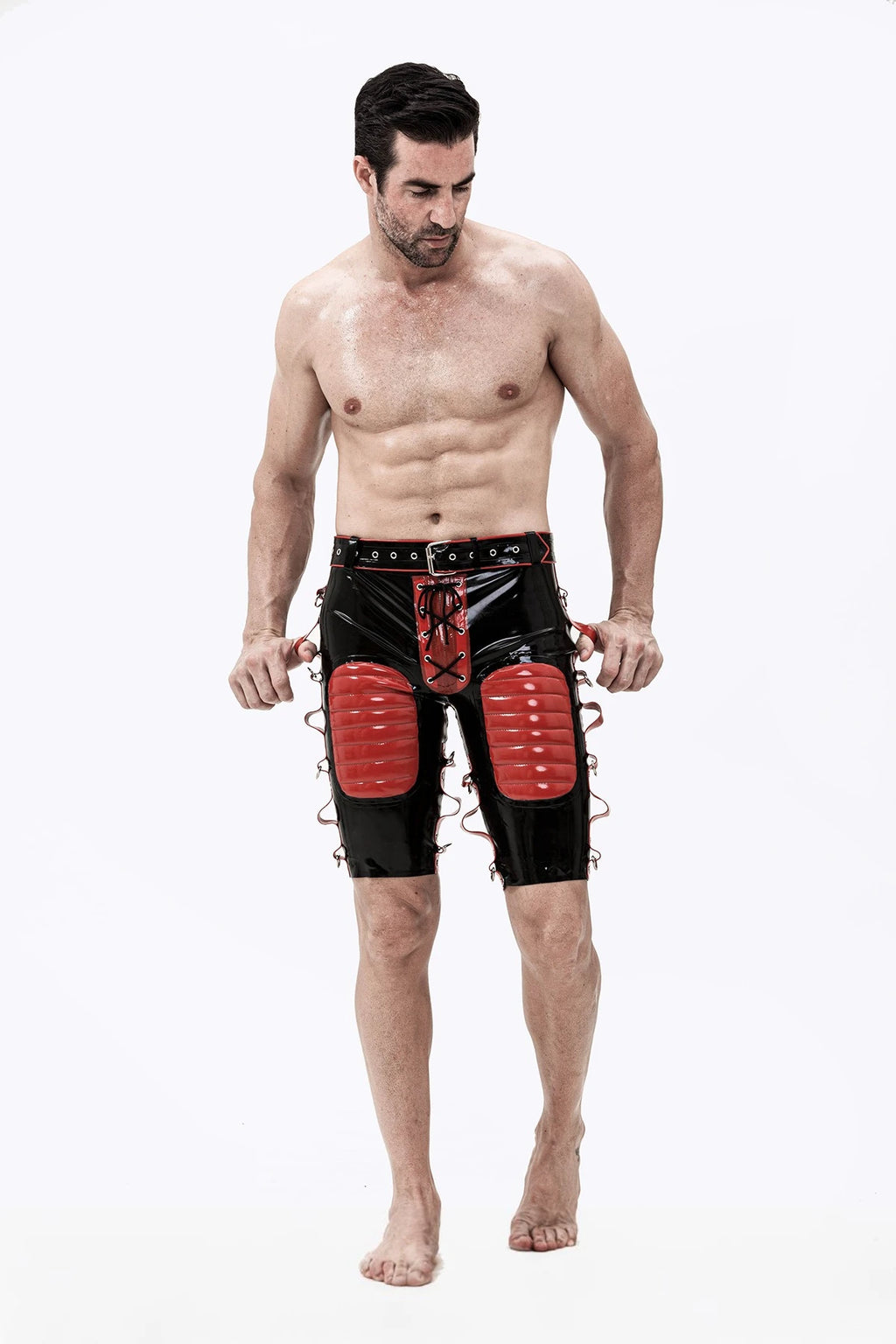 Black, trim color is Red Male Latex Bondage Bermuda Shorts