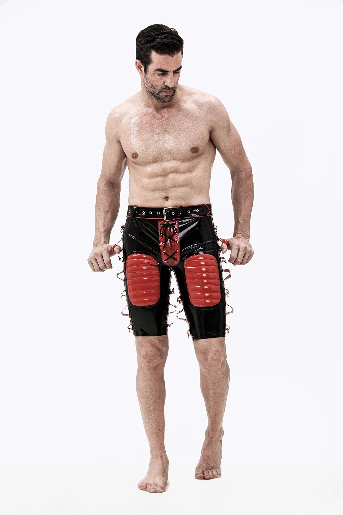 Black, trim color is Red Male Latex Bondage Bermuda Shorts