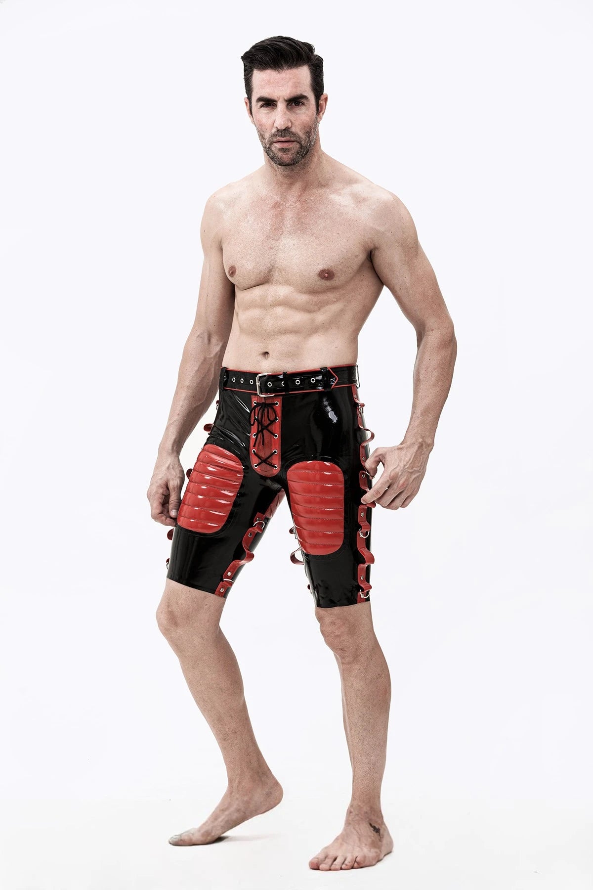 Black, trim color is Red Male Latex Bondage Bermuda Shorts