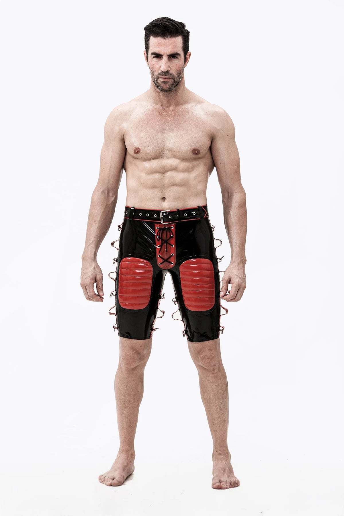 Black, trim color is Red Male Latex Bondage Bermuda Shorts