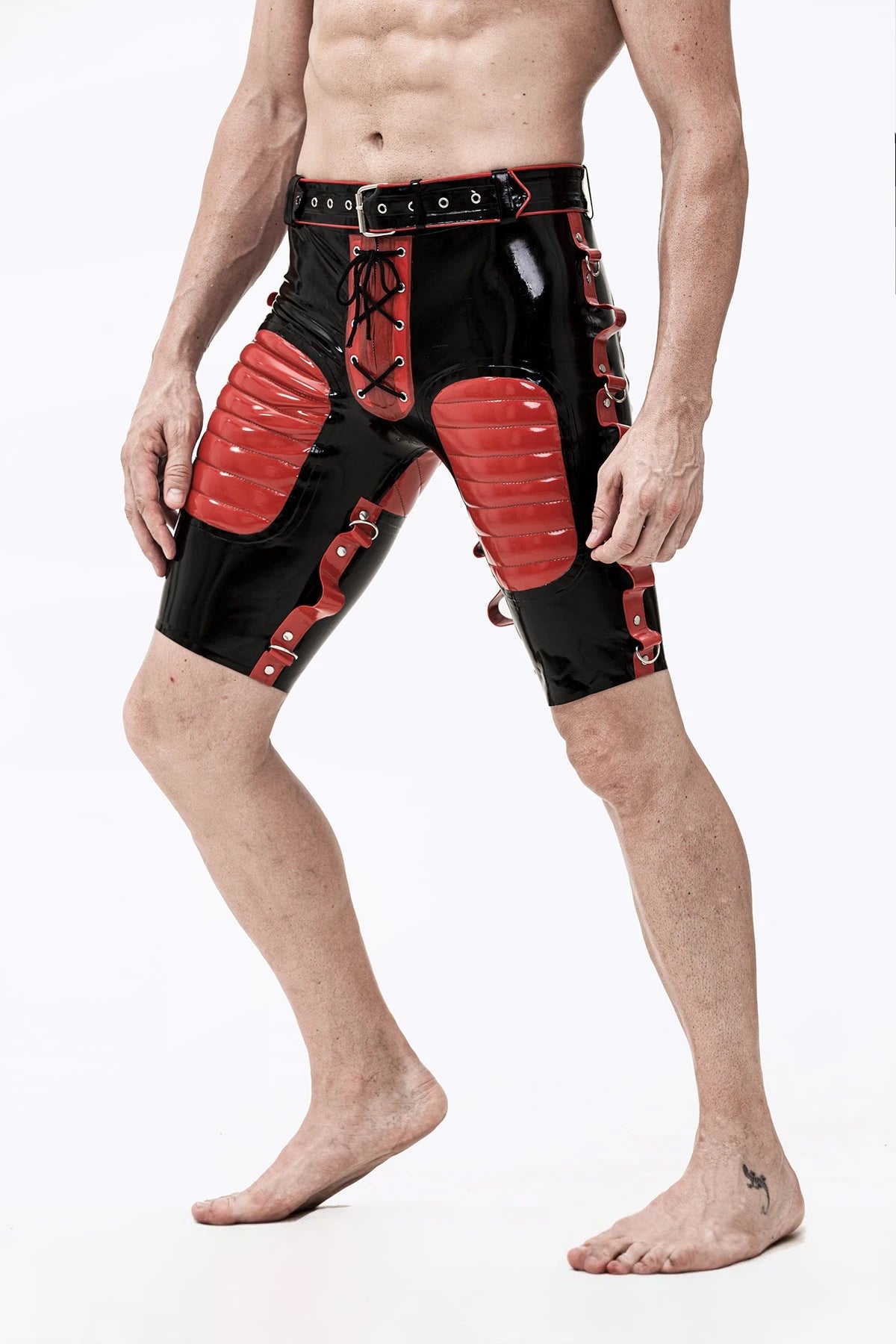 Black, trim color is Red Male Latex Bondage Bermuda Shorts