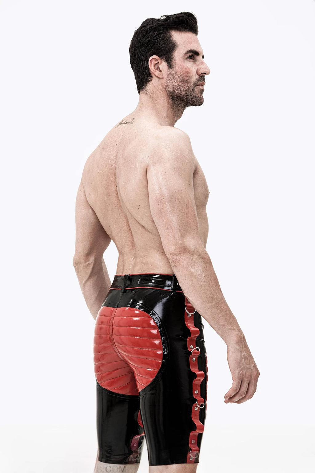 Black, trim color is Red Male Latex Bondage Bermuda Shorts