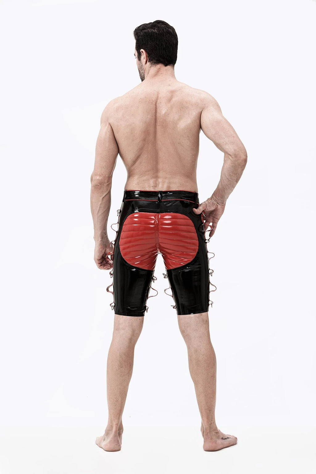 Black, trim color is Red Male Latex Bondage Bermuda Shorts