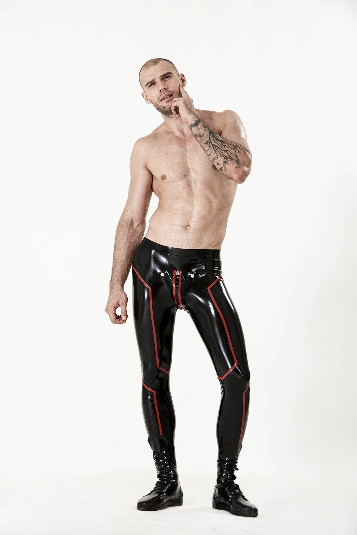 Black, trim color is Red Male Latex Codpiece 'Cavalier' Leggings