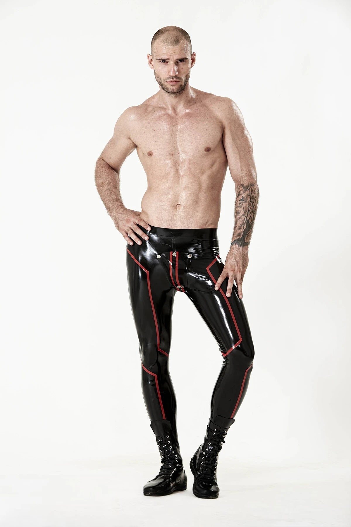 Black, trim color is Red Male Latex Codpiece 'Cavalier' Leggings