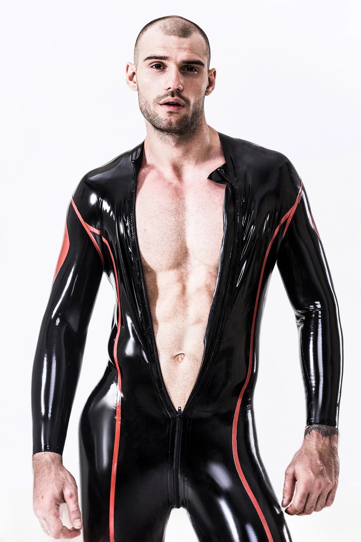 Black, trim color is Red Male 'Diamond' Latex Catsuit